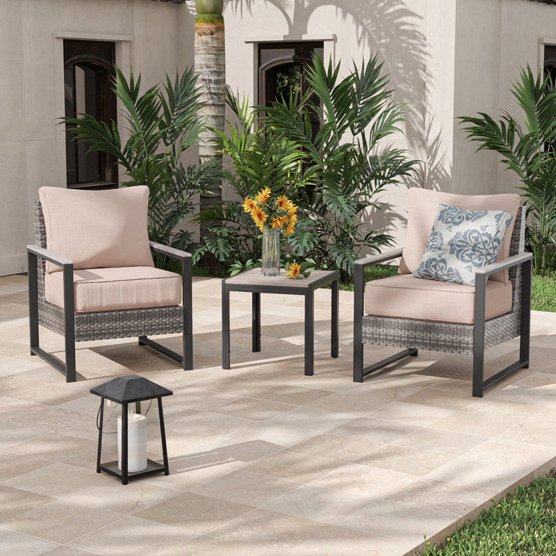 3 Piece Outdoor Conversation Set with Wicker Chairs and Side Table, Sand