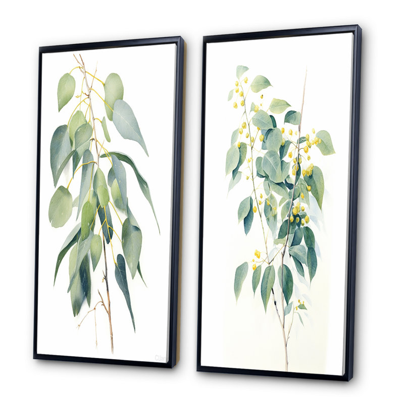 "Minimalisme eucalyptus", 2 pièces sur toile, Cadre noir, H 40 po x l 40 po