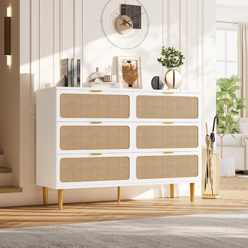 Rattan 6 Drawer Dresser, White