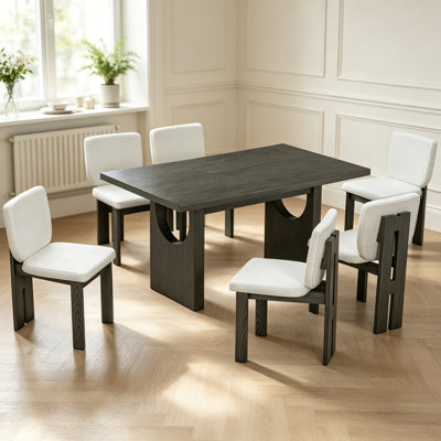 7-Piece Retro Dining Table Set for 6, 60" Wood Dining Table Set for 6