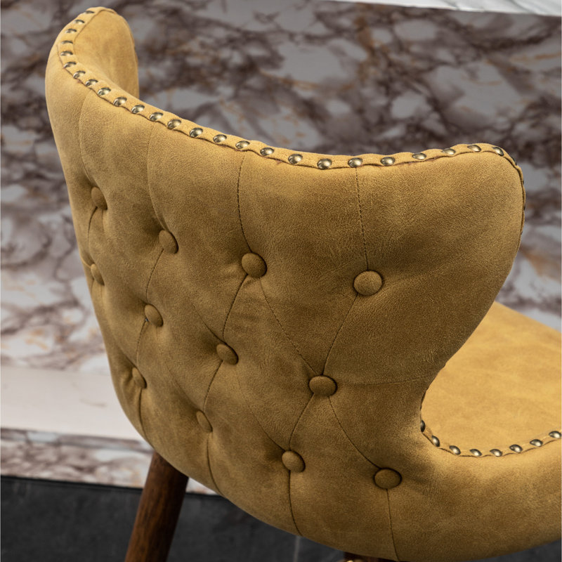 Mid-century Modern Yellow Counter Stools (pair) - Fabric Upholstery, Metal Footrest, Solid Wood Dowel Legs 2 Mid-century Faux Leather Back, Suede-like Seat, Walnut Legs, Golden Footrest