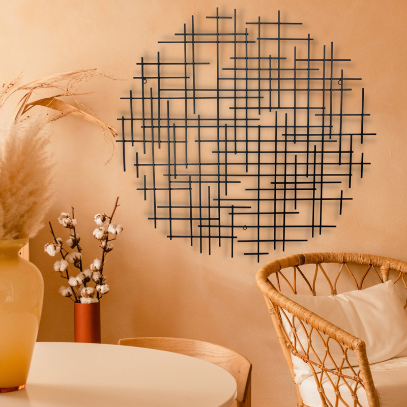 Abstract Lines Round Hanging Dimensional Sculpture, 36.75" H x 38" W x 1.25, Black