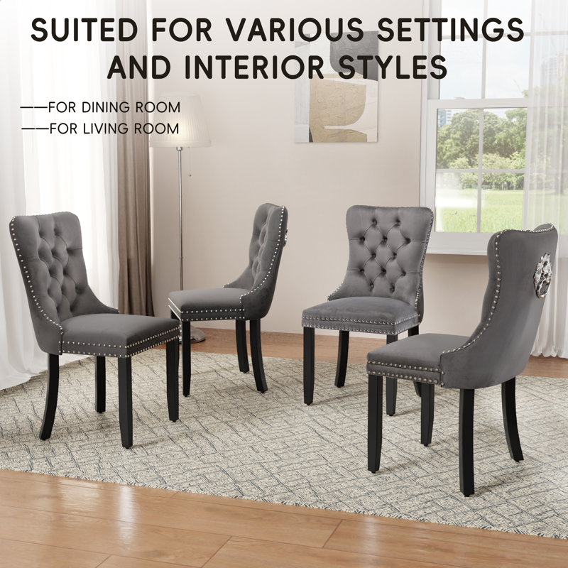 Modern Velvet  Wingback Tufted Solid Wood Upholstered Dining Chairs (Set of 2), Gray