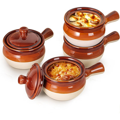 Ensemble de 4 bols à soupe à l'oignon français 18 oz et 4 bocaux - Bols en céramique avec poignée et couvercle pour soupe