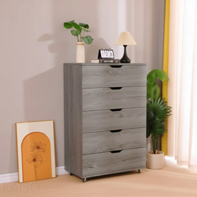 Gray  5-Drawer Dresser With Wheels – Modern Storage Cabinet