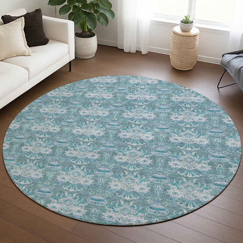 Machine Washable Indoor/Outdoor Chantille ACN2682 Floral Rug, Teal, 8' Round