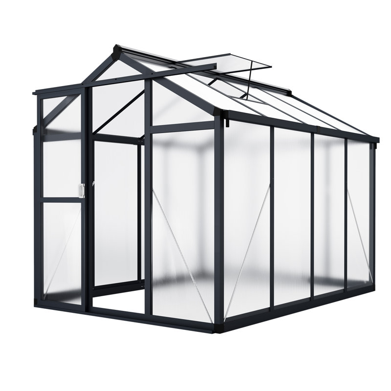 Dark Grey 6x8 Ft Aluminum Walk-in Greenhouse with Roof Vent and Lockable Sliding Door, Heavy-Duty Polycarbonate for Garden, Backyard or Patio