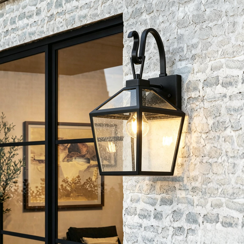 Ormand 1-Light Black Outdoor Wall Lantern with Seeded Glass
