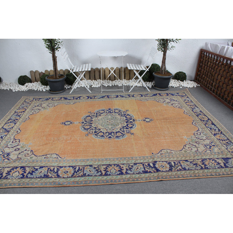 Grand tapis turc Oushak rétro avec motif en médaillon orange vif pour les chambres modernes