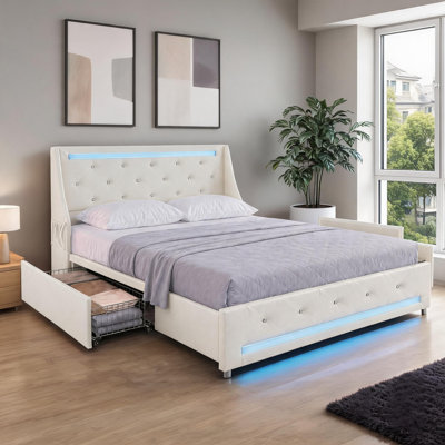 Structure de lit tapissier à oreilles moderne et chic avec station de charge intégrée, tiroirs de rangement sous le lit et lumières DEL, similicuir blanc