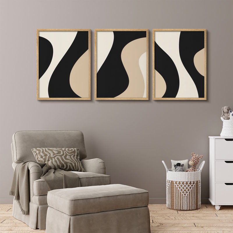 "Modern Abstract Curves", ensemble de 3 reproductions d'art mural encadrées - motif géométrique minimaliste noir, beige et blanc, œuvre d'art contemporaine pour le salon ou le bureau
