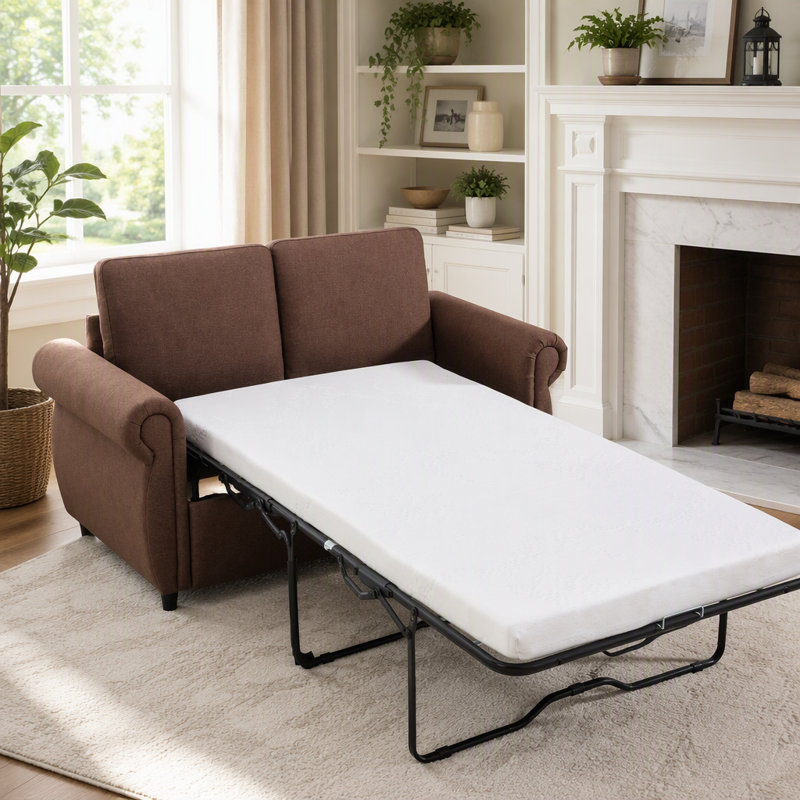 Canapé-lit coulissant avec matelas en mousse à mémoire de forme et ports USB, Lin brun