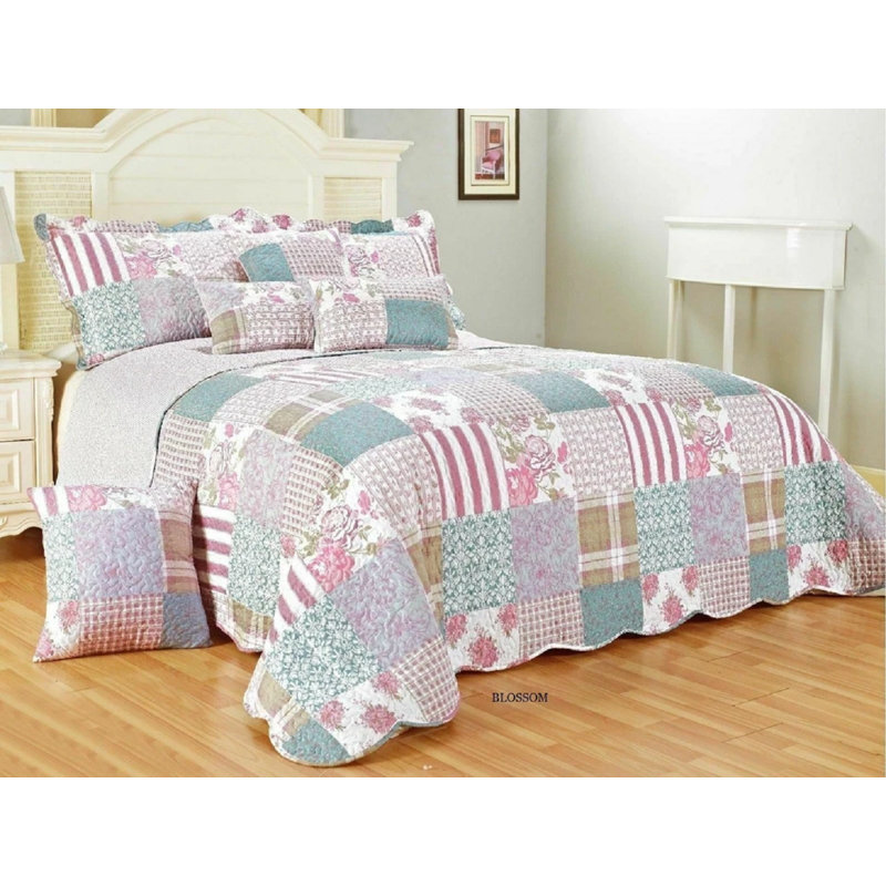 Polyester Patchwork Bedspread with Pillow Shams Included, Single Bedspread + 1 Standard Sham