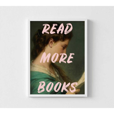Lire plus de livres, art mural - Portrait rétro avec texte rose ludique