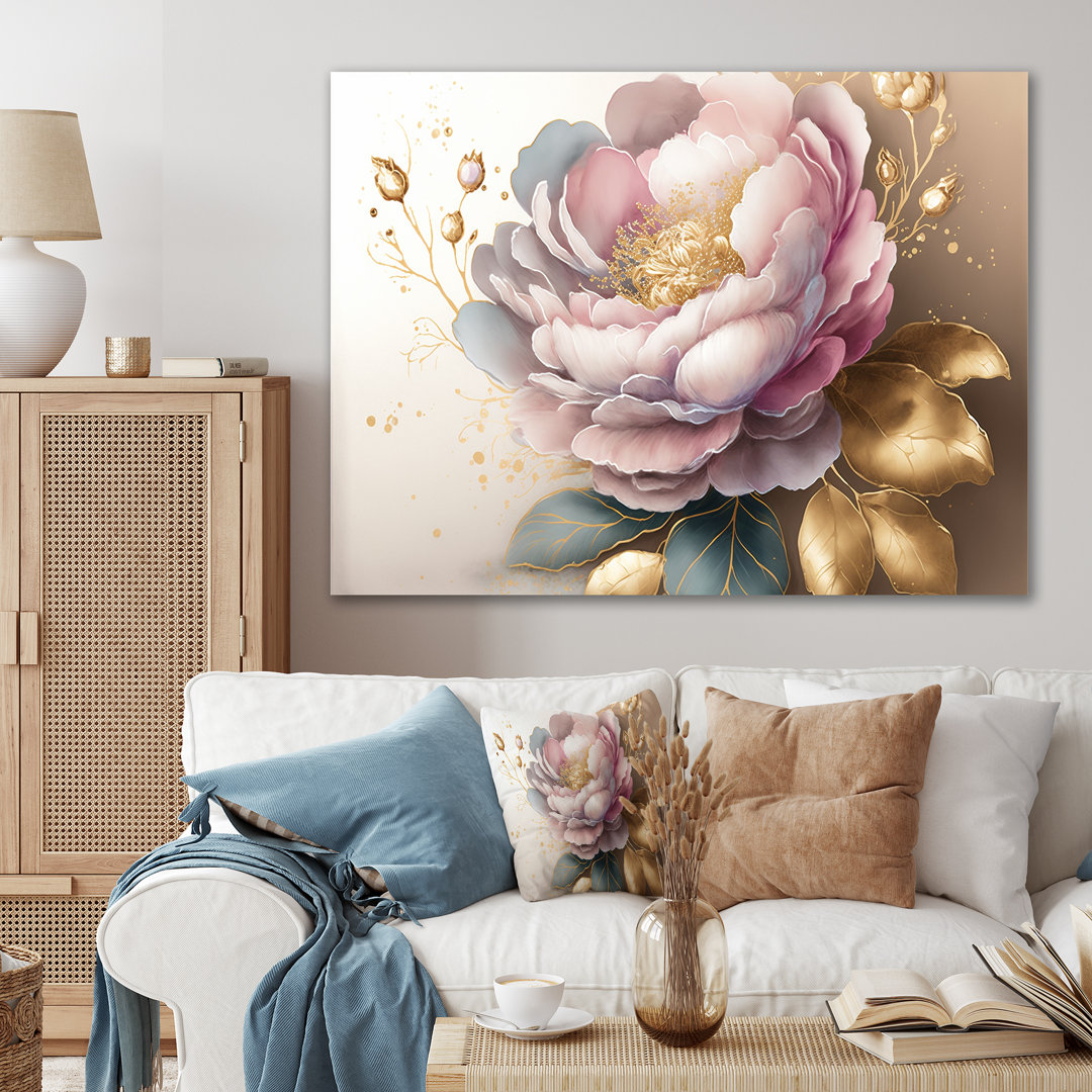 Pink And Gold Camellia Flower II  Flower Metal Wall Decor Bungalow Rose 