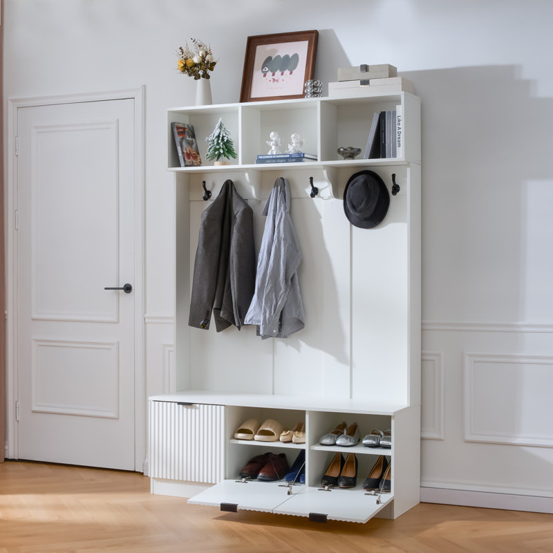Arbre d'entrée 49,6 po 5-en-1 avec banc, rangement pour chaussures et 3 armoires de rangement ouvertes, arbre d'entrée avec portes cannelées ultrabrillantes pour le couloir du salon