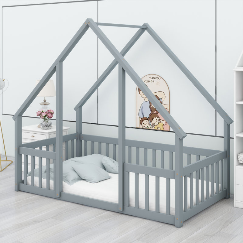 Whimsical Playhouse Floor Bed Solid Wood Frame With Enclosed Guardrails, Gray