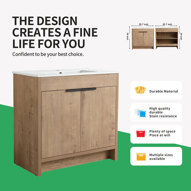 Kinslie 35.93'' Single Bathroom Vanity with Ceramic Top,2 Soft Close Doors and 1 Adjustable Shelf, Brown