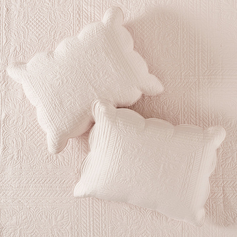 Courtepointe réversible à bords festonnés en rosé - 3 pièces, microfibre, rembourrage 90% coton, literie légère réversible, bords, attrayant