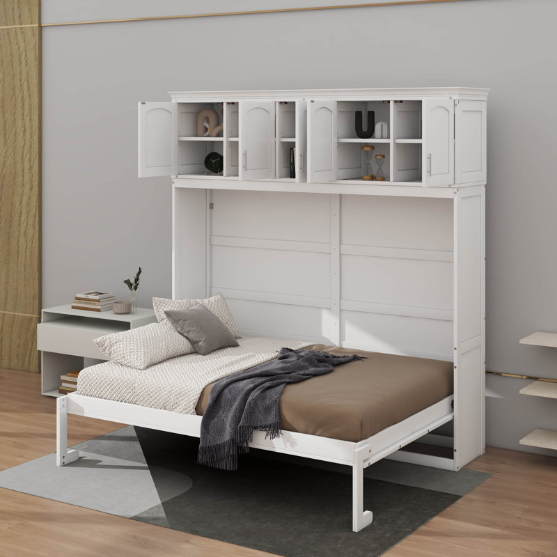 Grand lit escamotable avec armoires supérieures, Blanc