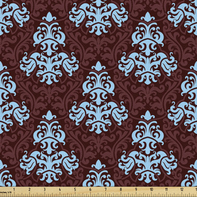 fab_54538_Ambesonne, tissu brun et bleu à la cour, motifs de feuillage victorien antique avec motif baroque de style Renaissance, tissu décoratif pour le revêtement et les accessoires de maison, bleu brun