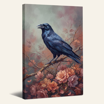 Corbeau bleu-noir perché sur une branche avec toile murale rose d'Halloween
