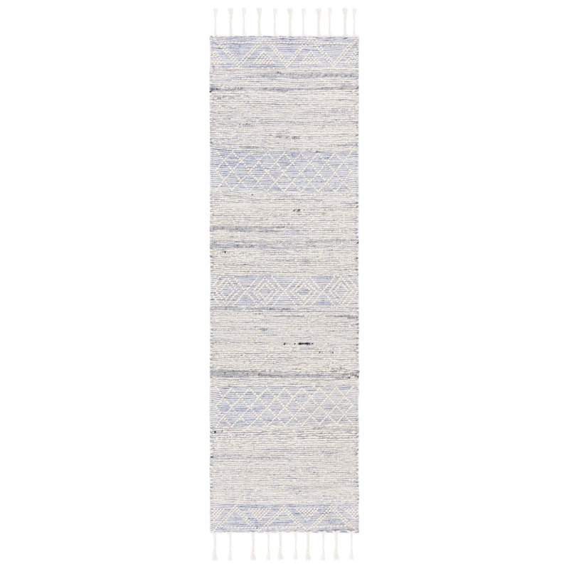 Antwoin Hand Woven Wool/Cotton Geometric Rug in Blue/Ivory, Runner 2'3" x 8'