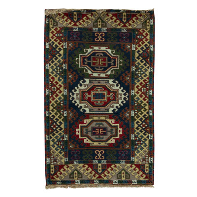 Tapis oriental vert en laine noué à la main 3 pi x 4 pi 11 po vert / jaune / noir