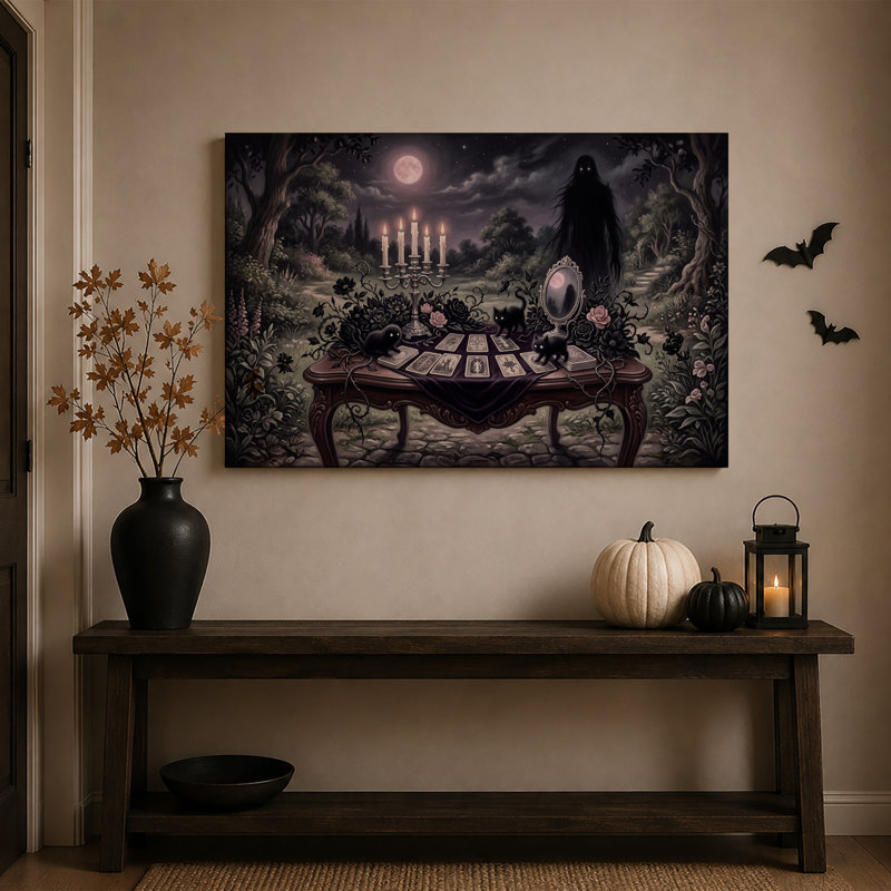 Cartes de tarot et chats noirs dans une forêt au clair de lune, avec une toile murale d'Halloween, H 36 po x l 48 po