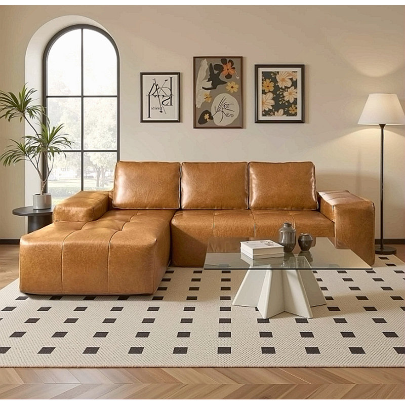 Canapés désossés pour le salon, canapés modulaires en similicuir brun avec méridienne, canapé modulaire en forme de L à assise profonde, canapés sans assemblage dans une boîte (gauche, similicuir)