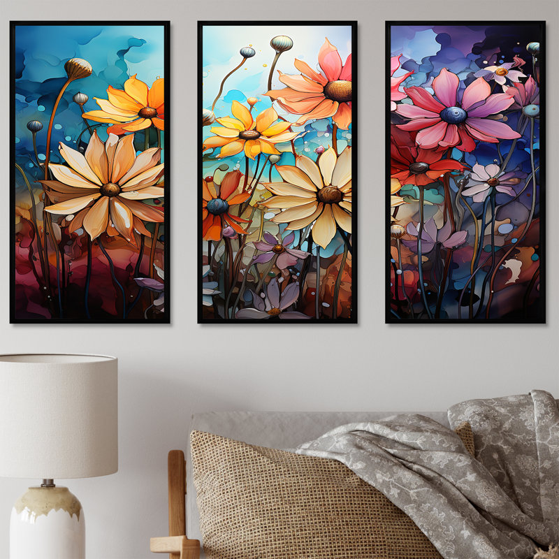 Ensemble d'art mural coloré marguerite colorée «Abstraction IV», Cadre flottant noir, H 32 po x l 48 po x P 1 po