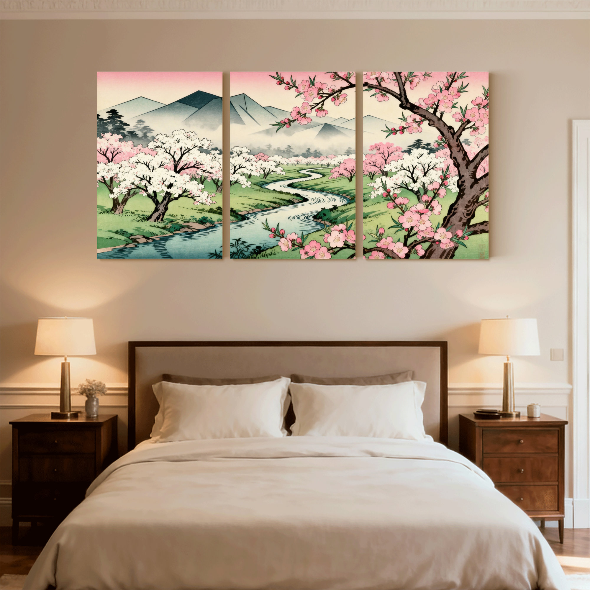 Winston Porter Spring Cherry Blossom Mountain Stream Landscape Set of 3 ...