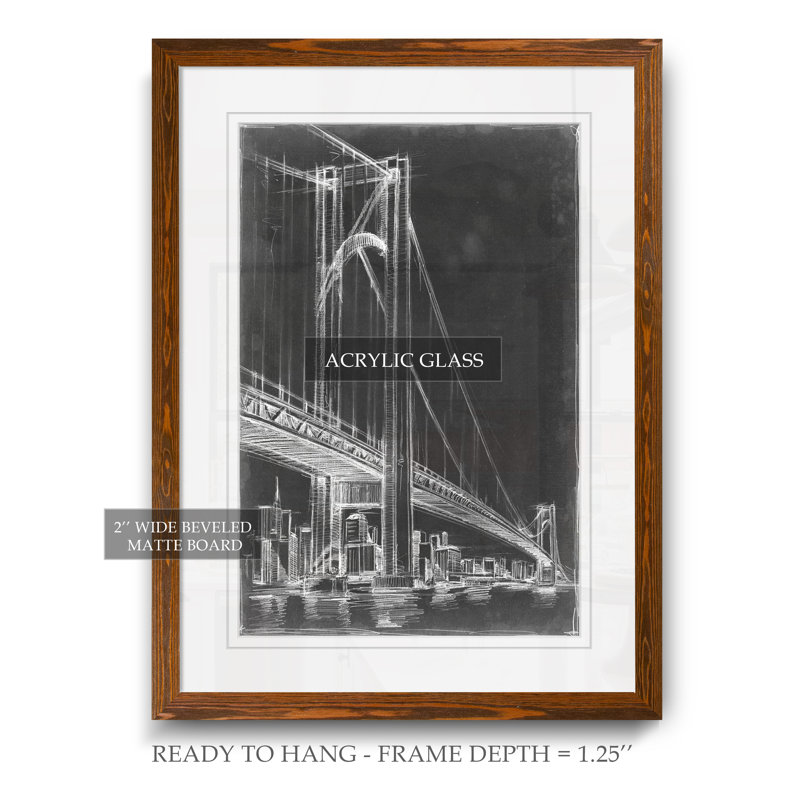 Pont de suspension blueprint i-reproduction de photo encadrée, Impression encadrée érable, H 32 po x l 44 po x 1,3 po