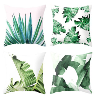 Pack Of 4 Green Tropical Leaves Throw Pillow Cover Summer Palm Tree Leaf Outdoor Decorative Linen Square Cushion Cover With Zipper For Sofa Bed Couch Car Living Room Decor 18X18 Inch