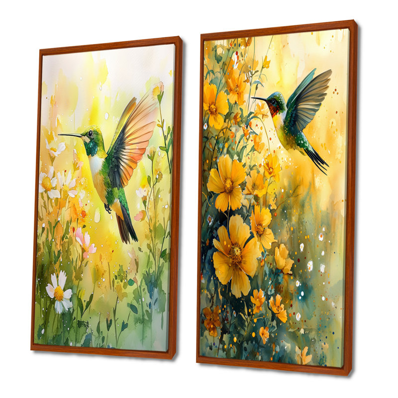 Colibri dans le soleil I - animaux, art mural 2 pièces, H 32 po x l 33 po, Cadre flottant brun