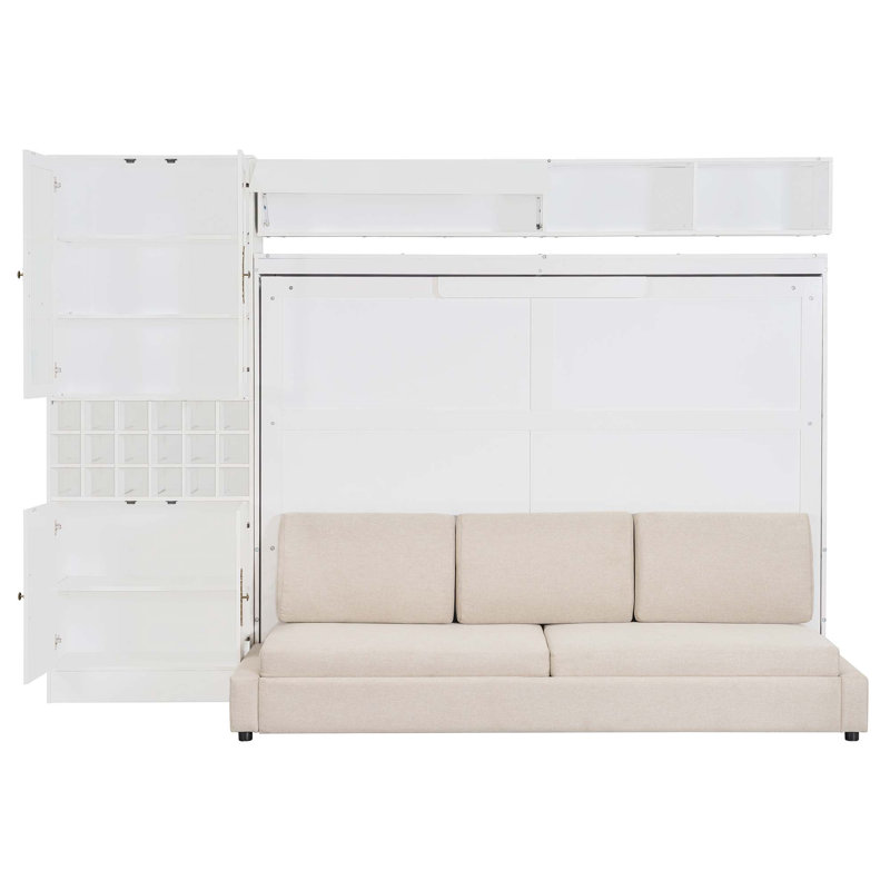 Grand lit escamotable mural avec canapé, tablettes USB et luminaires, blanc (ancien SKU: LP000764AAK), Blanc / gris