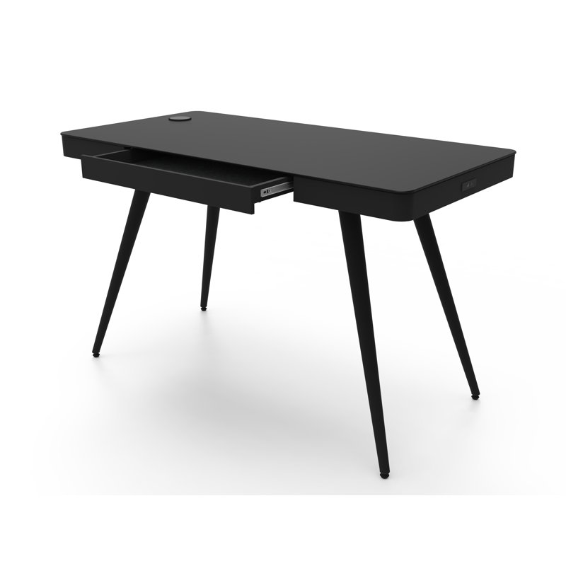 Levenson Glass Steel Computer Desk with Built-In Electrical Outlet
