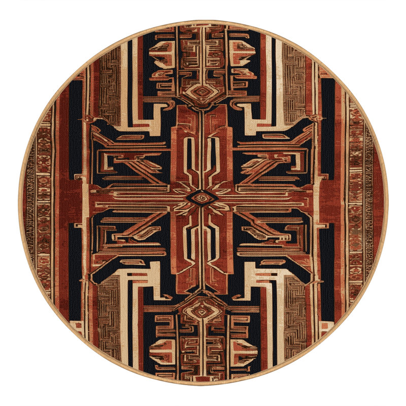 Tapis art déco brun lavable à la machine, Rond 8 pi