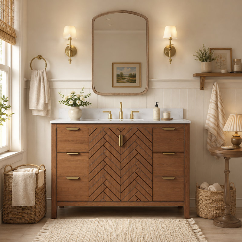 Ensemble de meuble-lavabo autoportant 48 po avec plateau en pierre reconstituée blanche et lavabo simple Ausme Asheville