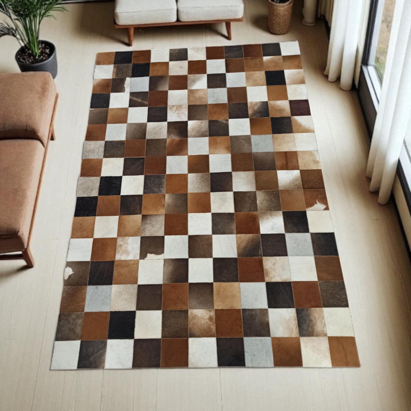 Tapis brun en cuir de vache patchwork_2 x 6 pi, Tapis de couloir 2 pi x 6 pi