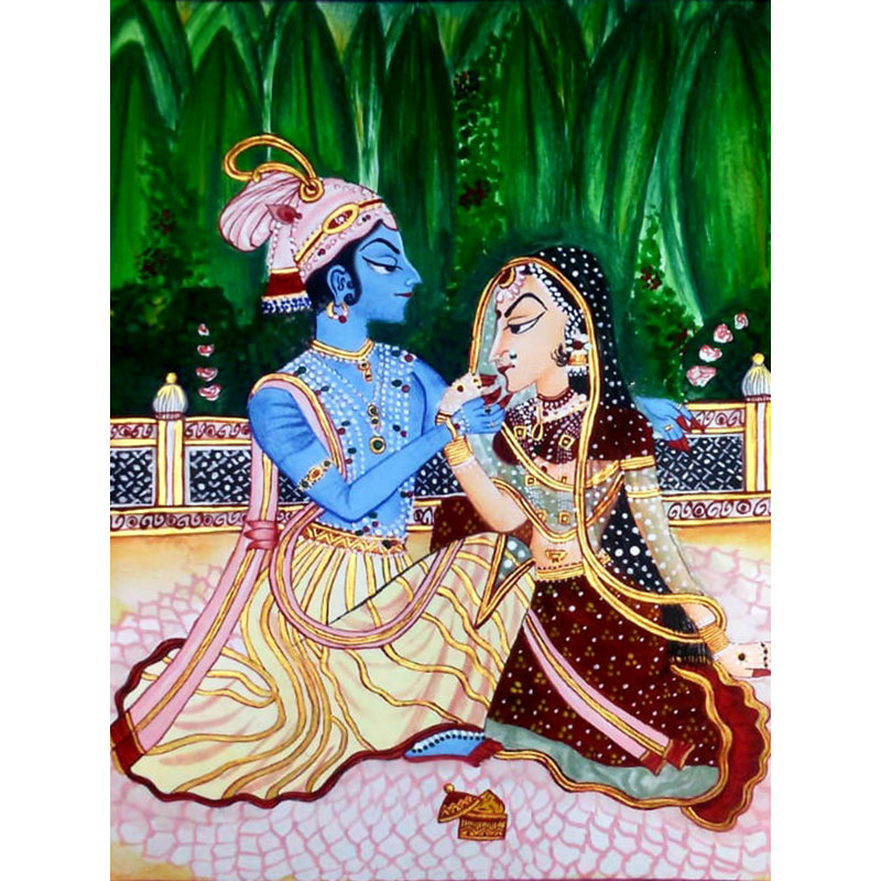 Radha et Krishna sur le plancher | Aquarelle sur feuille | Par Mayank