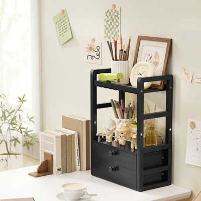 Bamboo Bathroom Counter Organizer, 2-Tier Makeup Organizer with 2 Drawers, Vanity Organizer Storage Coffee Matcha Station, Compact Shelf for Bathroom Kitchen Office Countertop, Black