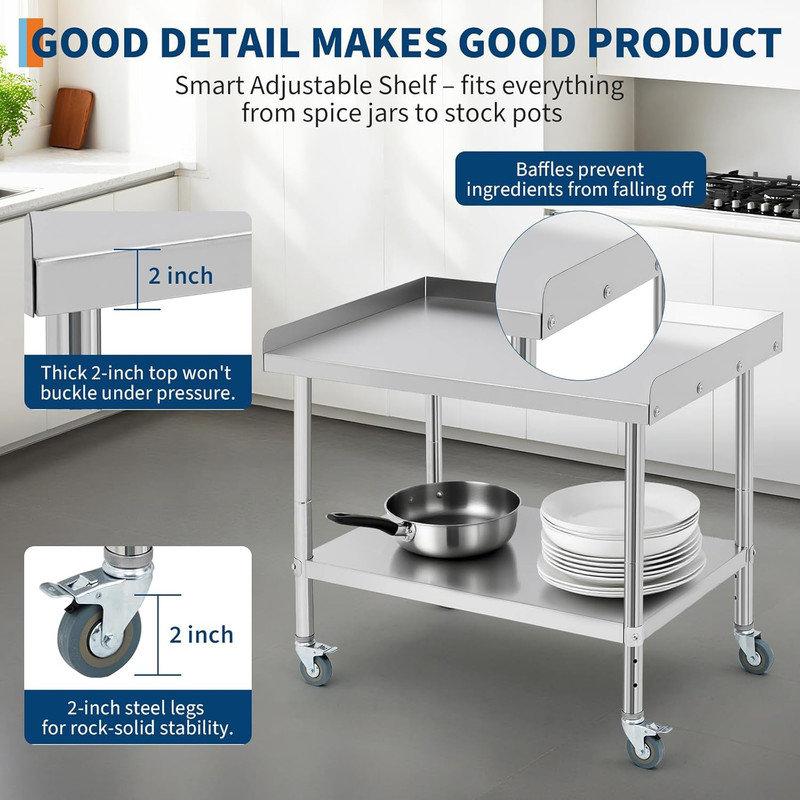 Table de barbecue NSF en acier inoxydable d'une capacité de 400 lb avec des roues de 5 po et un déflecteur de 2 po pour la cuisine commerciale