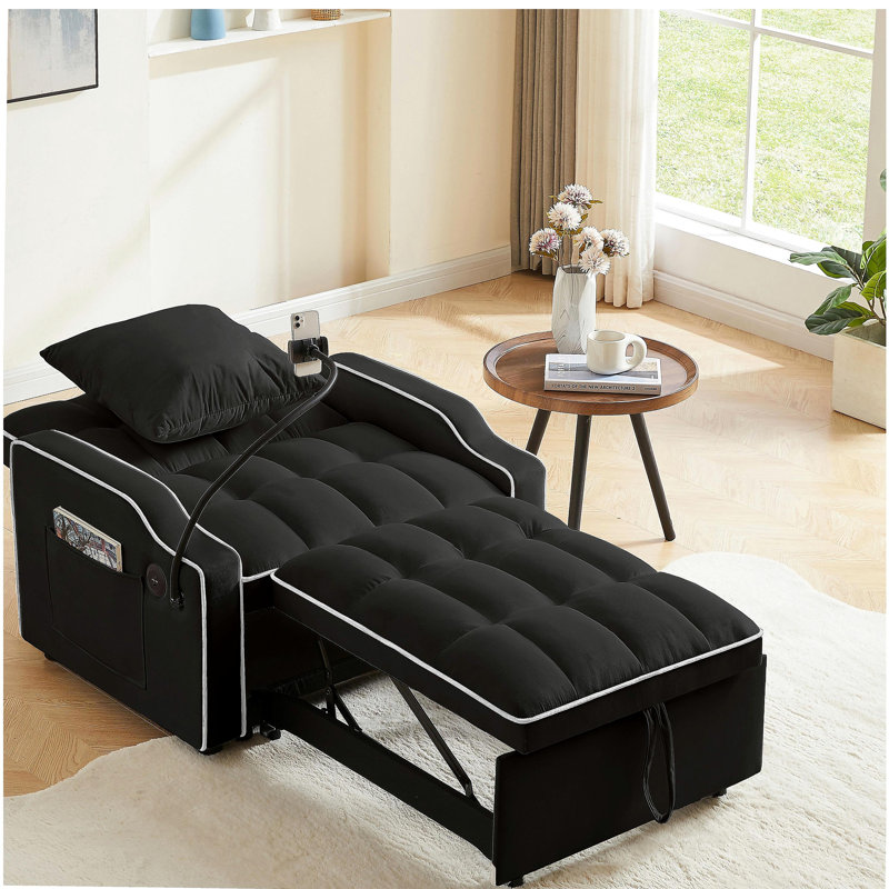 Canapé-lit, canapé-lit convertible 3 en 1 avec dossier réglable, support pour téléphone et port USB, type C, fauteuil inclinable réglable, fauteuil pour salon, chambre à coucher, petit espace, noir