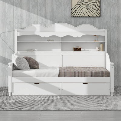 Twin Daybed With Storage Drawers, Wood Twin Day Bed With 3-Tier Storage Headboard Shelves, Retro Style Twin-Size Daybed
