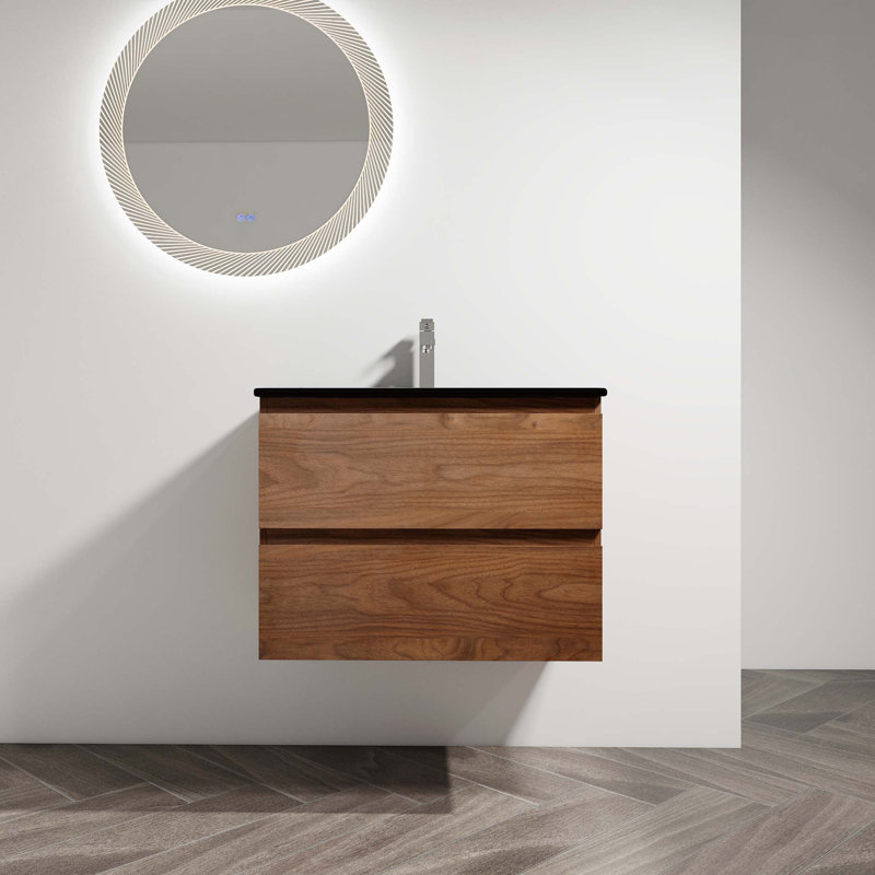 30" Wall-Mounted Bathroom Vanity With Ceramic Sink, 2-Soft Close Drawers, Brown Oak, 30"