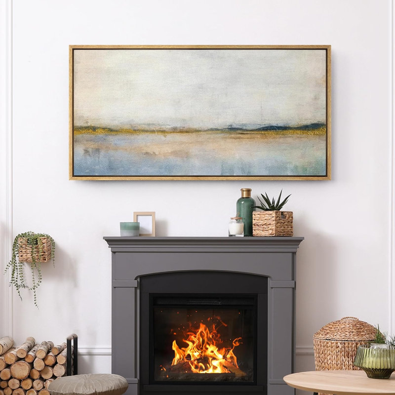 Minimal Landscape Reflective Lake with Golden Accents Modern Art Extra Large Artwork Print Wall Art, 30" H x 60" W, Natural