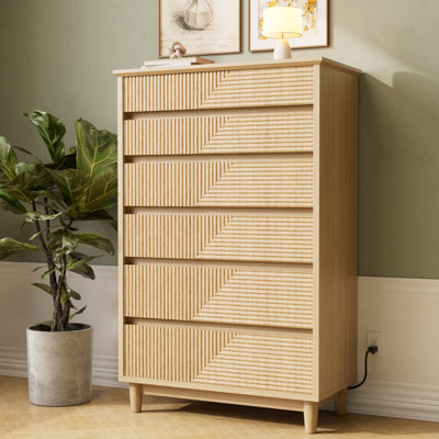 Fluted 6 Drawer Dresser for Bedroom with Charging Station, Wooden Modern Chest of Drawers for Living Room, Hallway, Walnut by Latitude Run