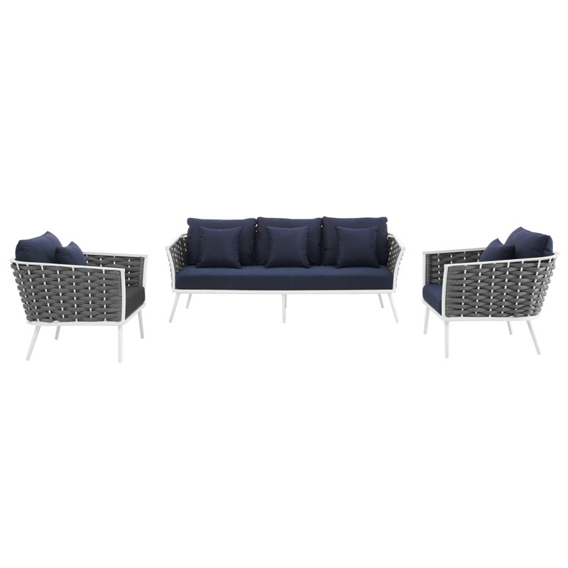 Ensemble de canapé modulaire d'extérieur en aluminium 3 pièces Modway Stance, Bleu marine, Blanc