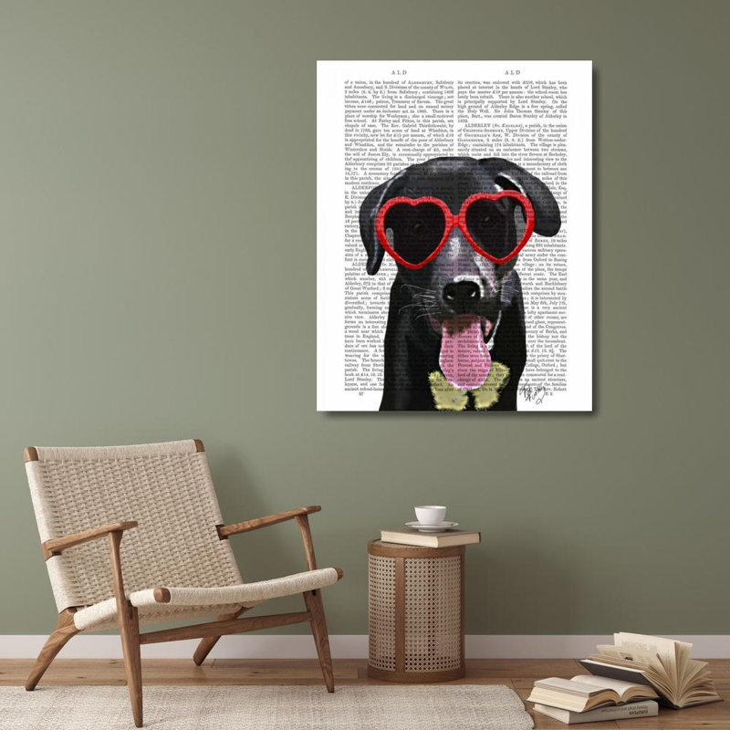 «Bungalow Rose Fab», reproduction d'art sur toile tendue, Labrador noir avec lunettes de soleil en forme de cœur